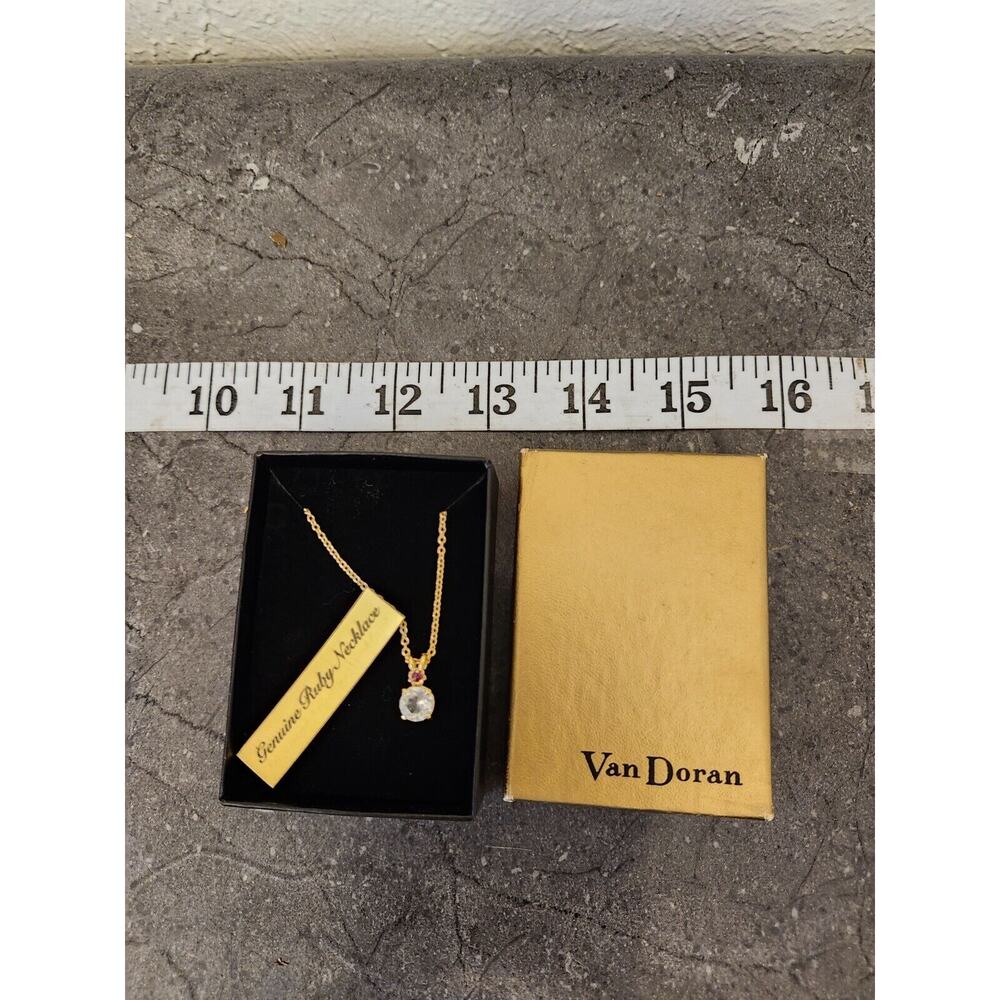 Van Doran Genuine Ruby Necklace Gold Tone‎ Chain Rhinestone In Original Box